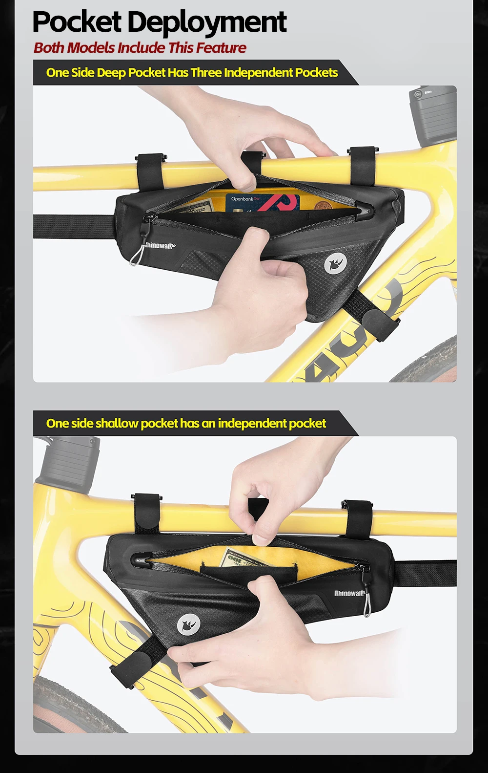 Rhinowalk Fahrradrahmentasche 1,7/2,6 l IPX4 wasserdichte Dreiecksschlauchtasche rutschfest lackfest für MTB- und Rennrad Radfahren Bikepacking – Detail 19