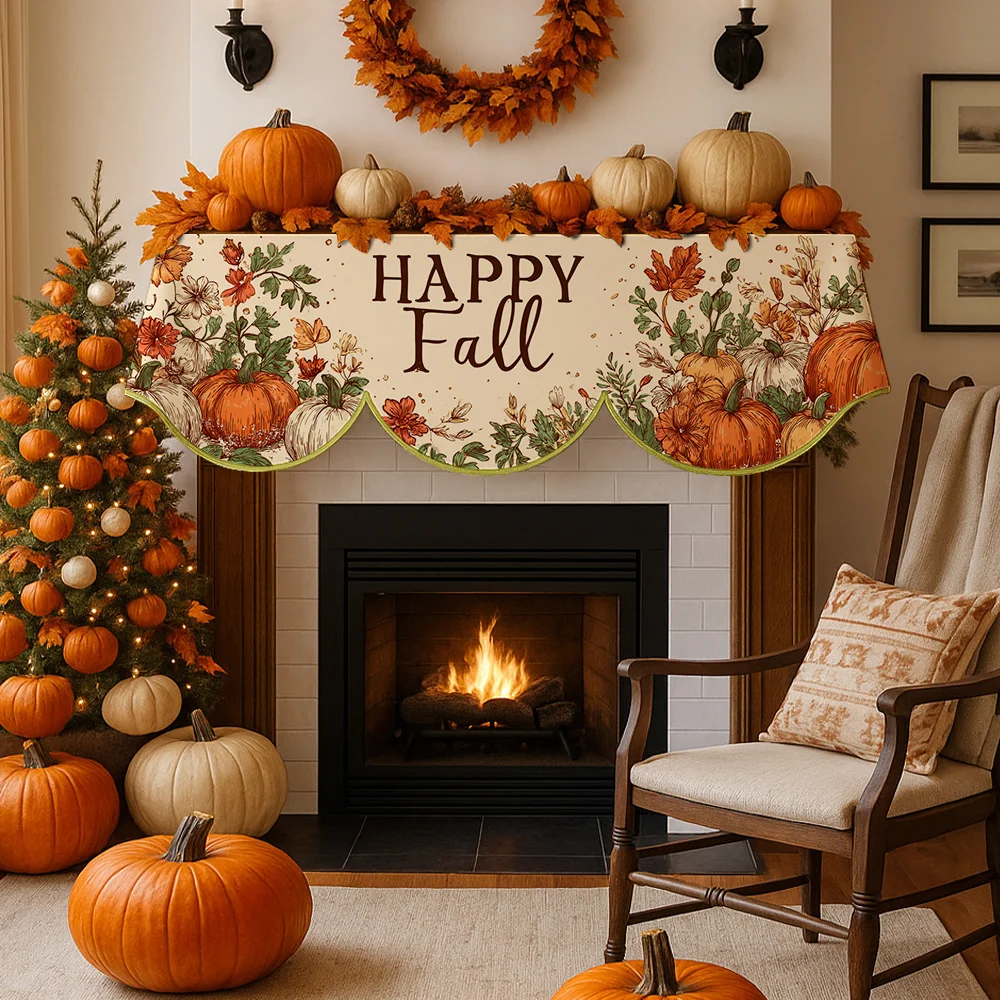 VIKAMA Happy Fall Fireplace Mantel Scarf Maple Leaf Floral Pumpkin Mantel Topper Thanksgiving Autumn Home Fireplace Decor