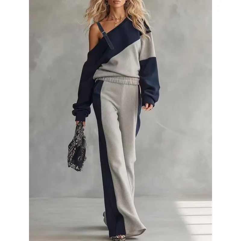 Women Streetwear Casual Suit Fall Color Block Tracksuit Two Piece Set Retro Skew Collar Sweatshirt High Waist Pant Fashion Suits