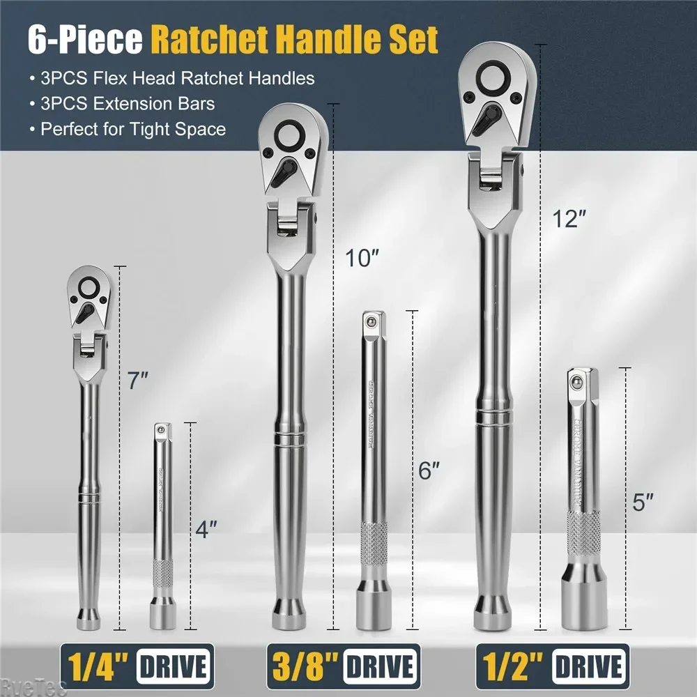 

6 pcs Flex Ratchet Set 1/4" 3/8" 1/2" Drive Swivel Head Ratchet Wrench with Extension Bar 72 Tooth 180° Adjustable Head