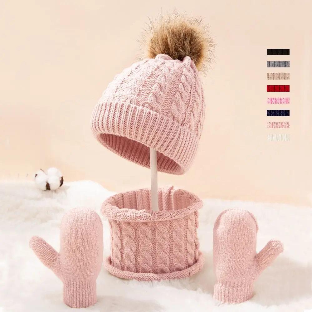 Conjunto de gorro y guantes de invierno para niños de 0 a 3 años, niño y niña, pompones de algodón cálidos, conjuntos de gorro de Color sólido, bufanda de sombrero Linda