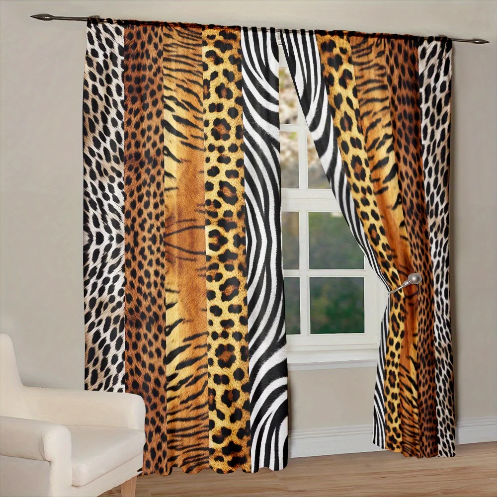 2pcs Animal Print Curtains Leopard Zebra Tiger Skin Patchwork Drape Fashion Window Treatment Wild Style Living Room Decor