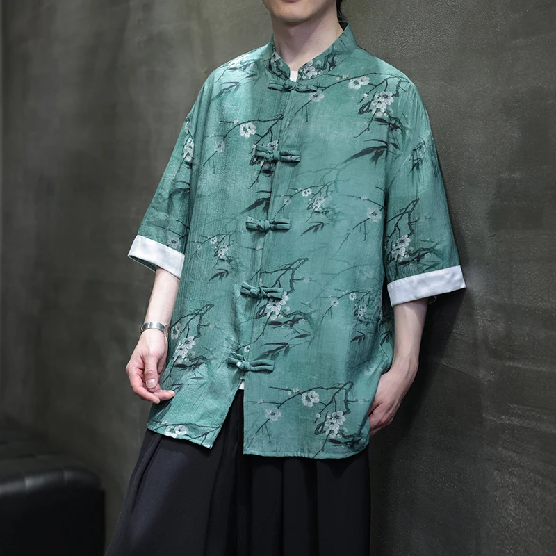 남성 빈티지 셔츠 남성 스탠드 칼라 중국 스타일 셔츠 남성 하프 슬리브 셔츠 여름 남성 꽃 패턴 전통 셔츠