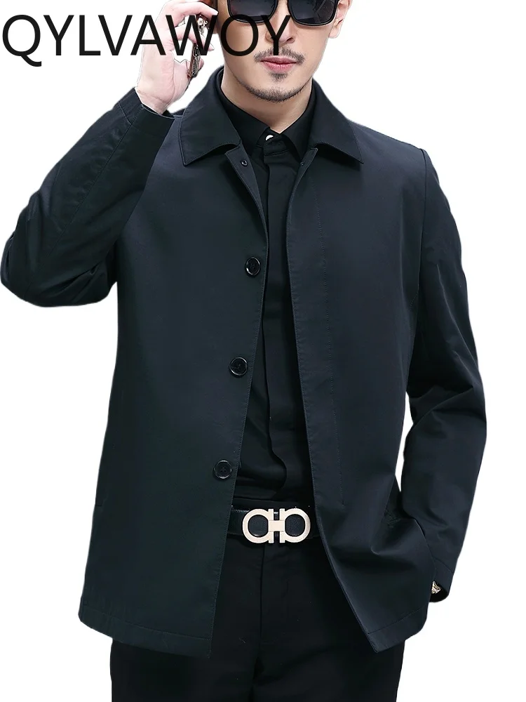 

QYLVAWOY мужской Тренч из 100% хлопка, весенне-осенняя деловая повседневная куртка на пуговицах, мужская одежда для пожилых людей среднего возраста LJ2206