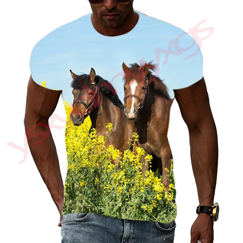 

New Tide Summer Fashion Horse Picture T-shirts Casual Print Tees Hip Hop Personality Round Neck Short Sleeve Tops