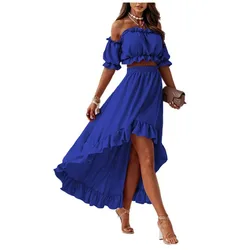 Fashion Y2K Casual Off Shoulder Crop Top Elastic High Waist Irregular Ruffle Long Skirt Women Sexy Two Piece Set Party Outfits