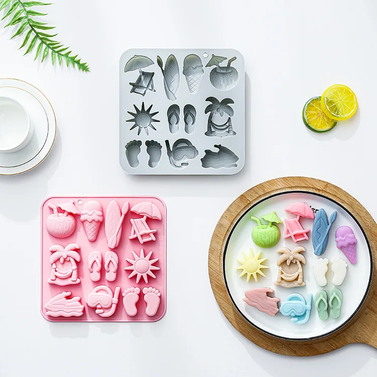 

12-hole Summer Beach Theme Silicone Molds Sunshine, Slippers, Coconut Chocolate Mold Epoxy Candy Baking Mould Cake Decoration