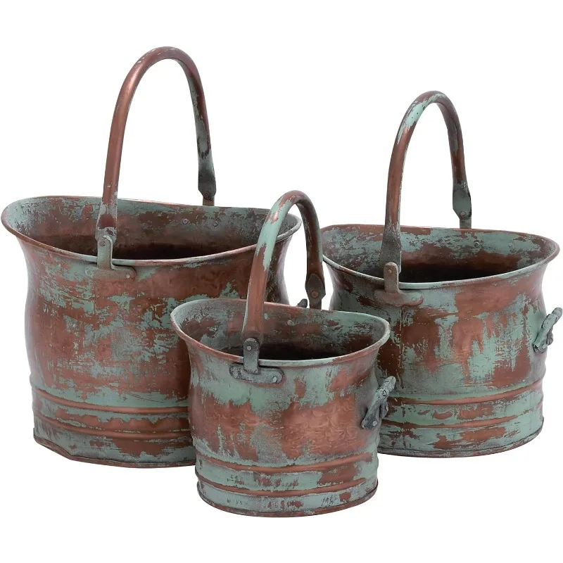 

Contemporary Metal Planter With Rustic Style In Green - Set Of 3