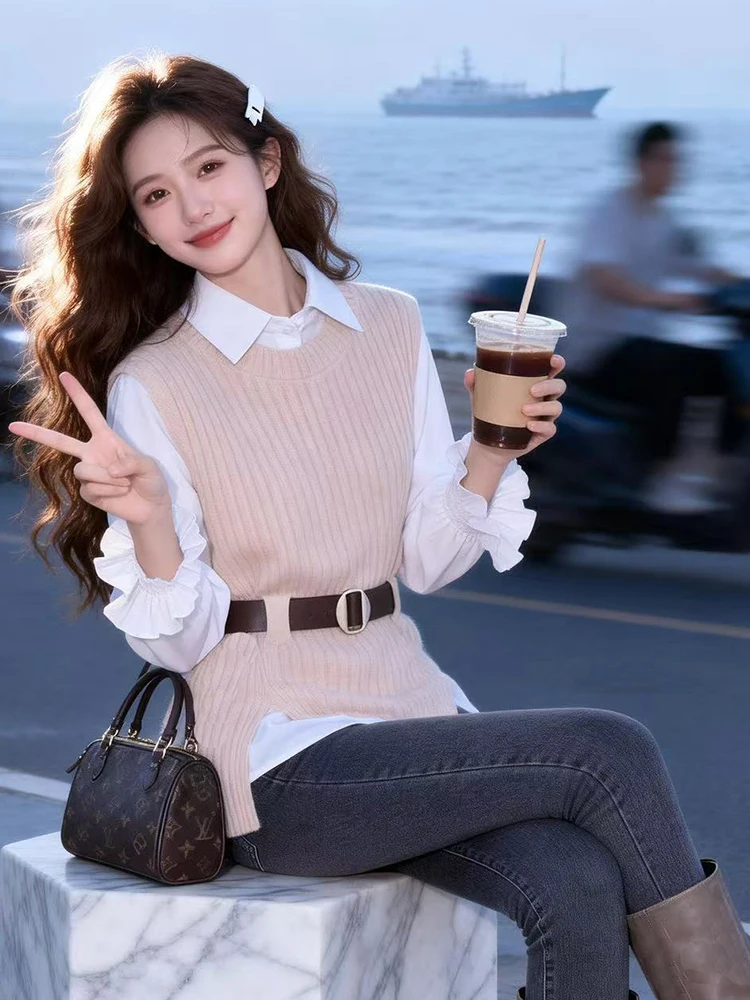 

Ele Knitted Vest irt Slim Jeans Set Women's Early Spring High-End Commute Tee-piece Set Faionable Workwear Ensemble