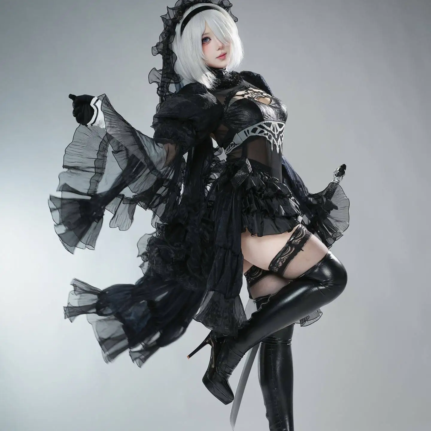 

YoRHa No. 2 Type B Game Automata Cosplay Costume Woman Sexy Black Gothic Wedding Dress Halloween Carnival New Dress headwear