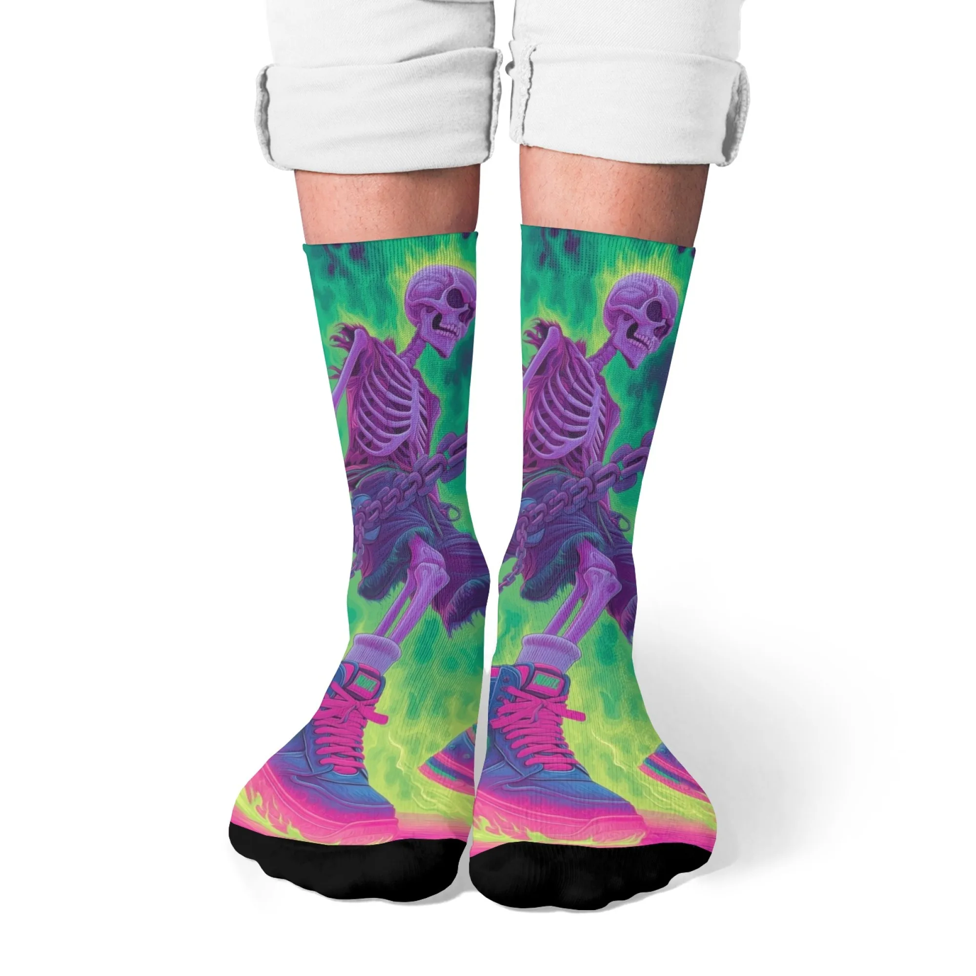 Fluoreszierender Totenkopf, trendige Schuhe, mittelhohe Crew-Socken, Kettenelement, dunkler Stil, Cyberpunk, trendige Mode, Unisex, Street-Outfit-Socken