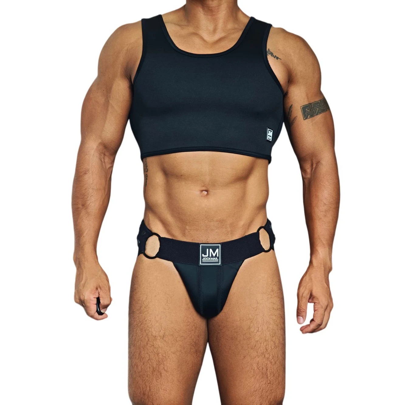 JOCKMAIL Men Crop Tank Top Jockstrap Two Piece Lingerie Sets Neoprene Bodysuit Sexy Adjust Fetish Elastic Garter Body Harness