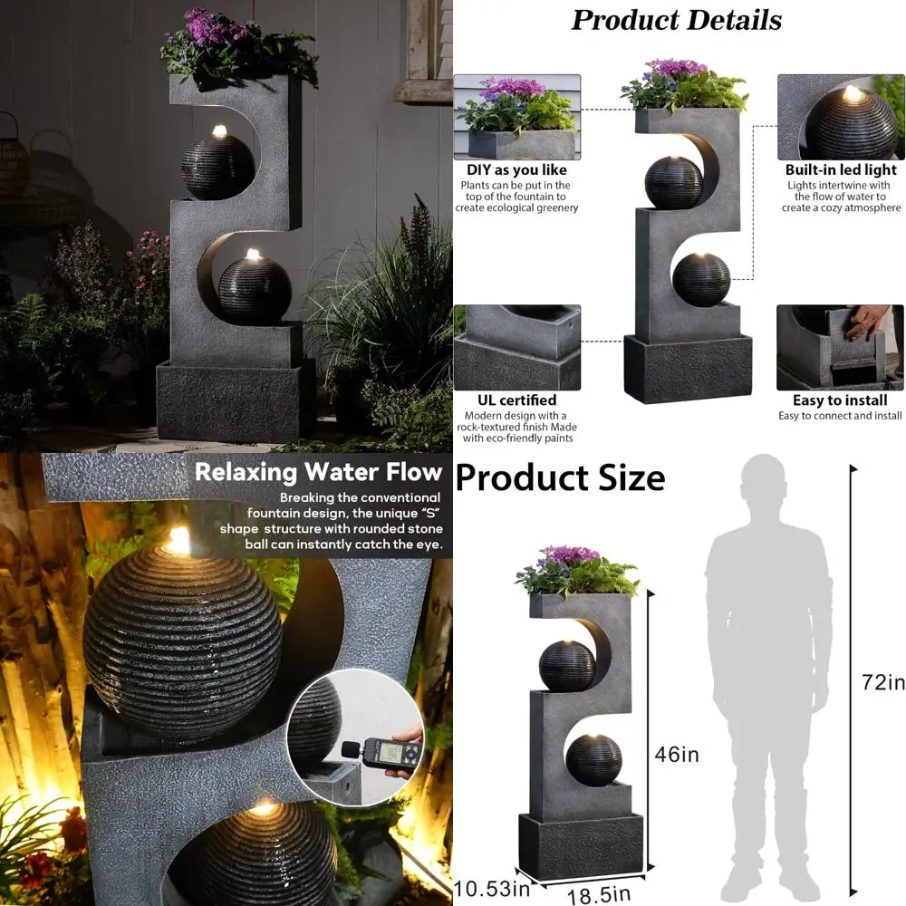 

"Outdoor 46-Inch Modern Sphere Water Fountain with LED Lights for Garden, Patio, Yard, and Home Décor"