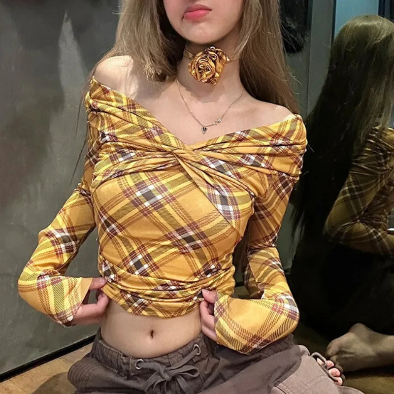 

Spring Autumn American Style Streetwear Y2k Clothes Tees Slash Neck Criss-cross Design Sense Women T-shirts Chic Plaid Crop Top