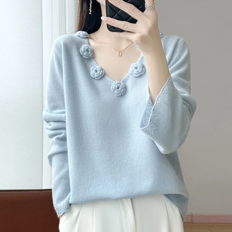 

Jacquard Sleeve V-neck Wool Knitted Sweater 2025 Fall/Winter New Fashion High-quality Long-sleeved Top