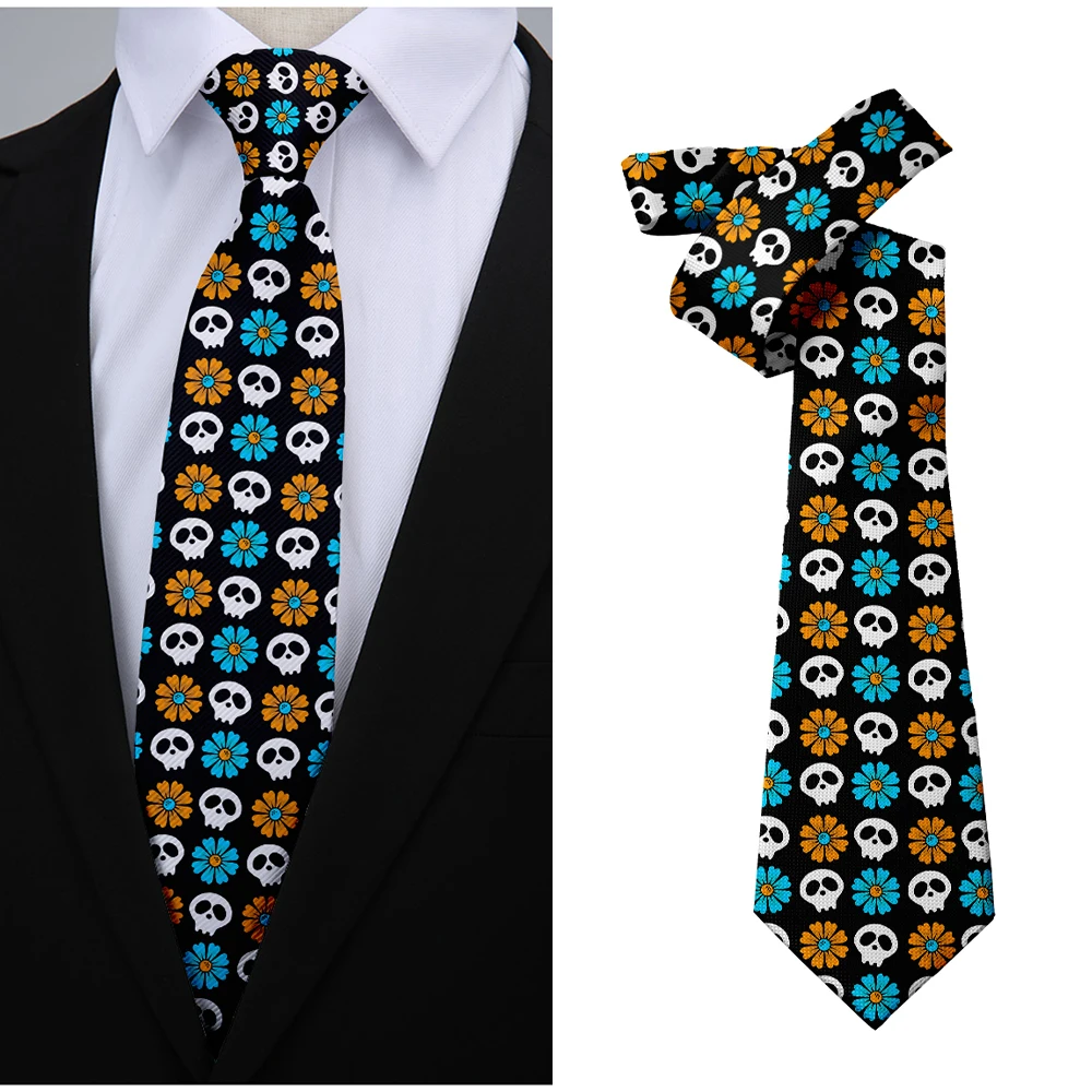 Fashion flower skull print tie 8cm wide knitted polyester tie fashion trend novel matching tie Halloween party
