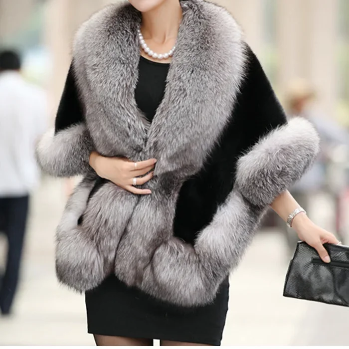 Women\'s Faux Fur Cape Jacket Winter Warm White / Black Burgundy Large Collar Short Section Young Lady 2024 New E100