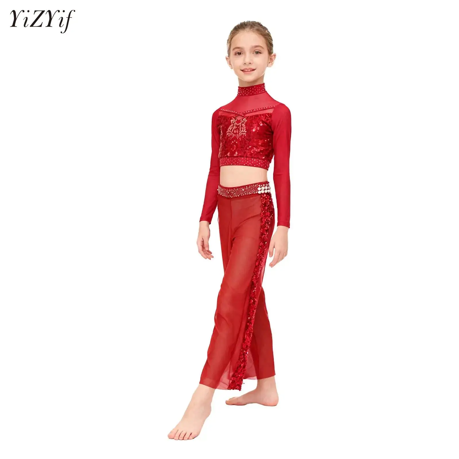 Kid Girls Lyrical Dance Set Modern Contemporary Performance Costume Sequins Crop Top+Pants Rhythmic Gymnastic Ballet Dancewear