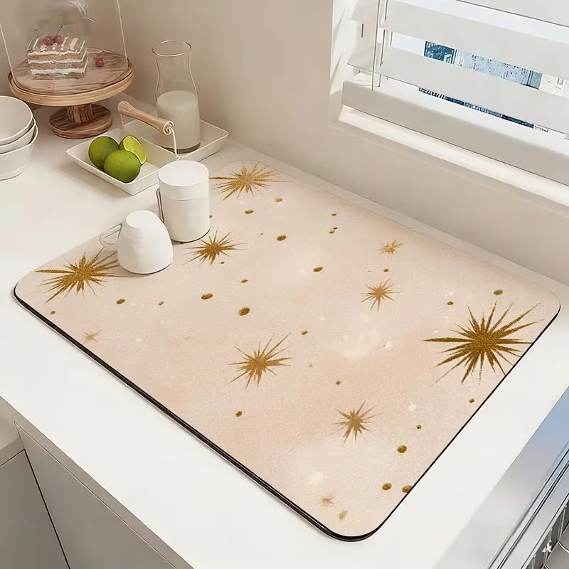 Vintage Neutral Tone Coffee Cup Dried Flower Book Print Absorbent Dish Drying Mat Non Slip Coffee Kitchen Counter Draining Pad