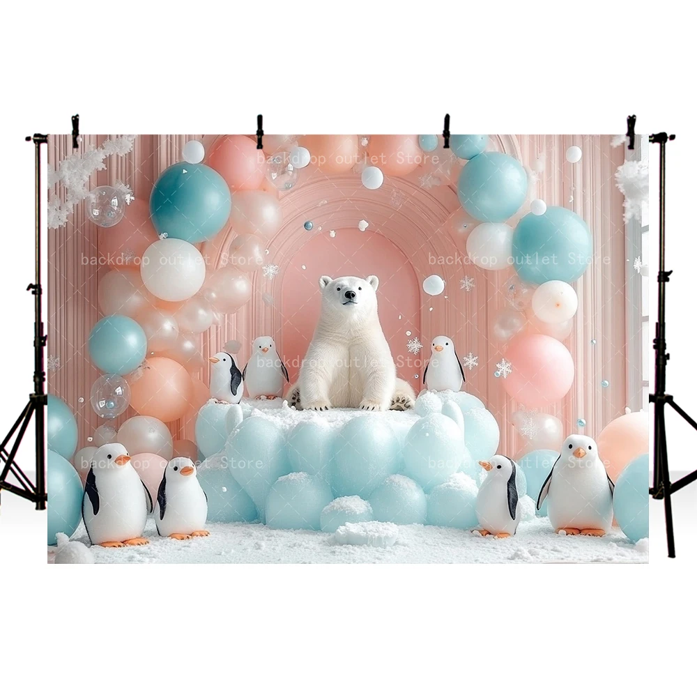 Mehofond Winter Polar Penguins Bears Backgrounds Snowy Wonderland Frozen Balloons Kids Birthday Decor Photography Backdrop