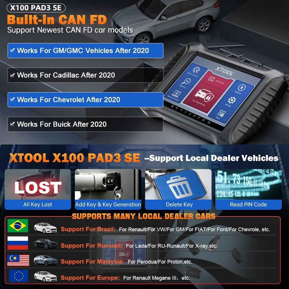 XTOOL X100 PAD3 SE Programmatore di chiavi automatiche con KC501 per benz/GM Tutte le chiavi perse Strumenti diagnostici automatici CAN FD integrati