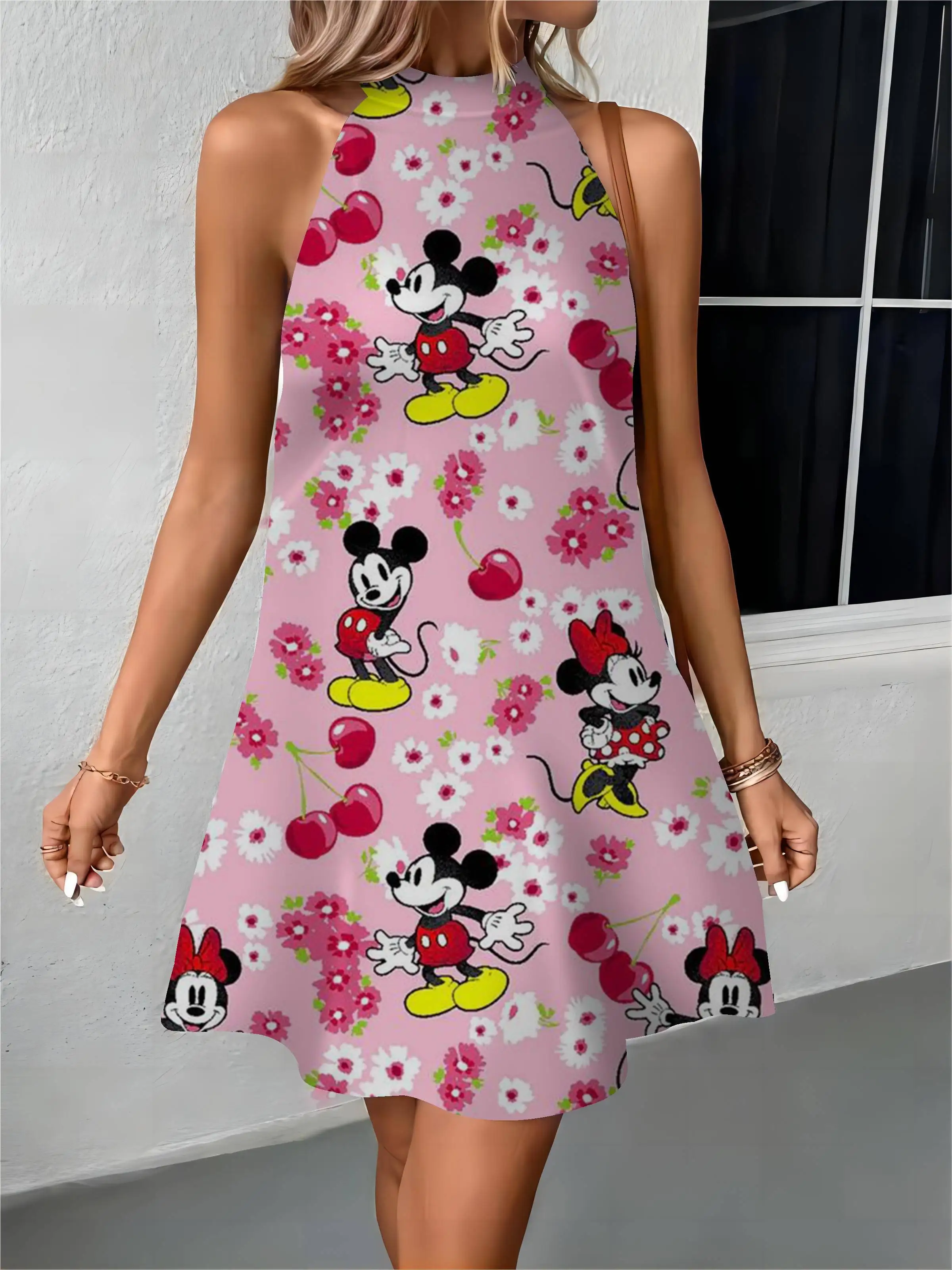 

Beach Dress Vintage Dresses Woman Disney Off Shoulder Minnie Mouse Mickey Bow Knot Apron Womens Fashion Summer 2024 Party Midi