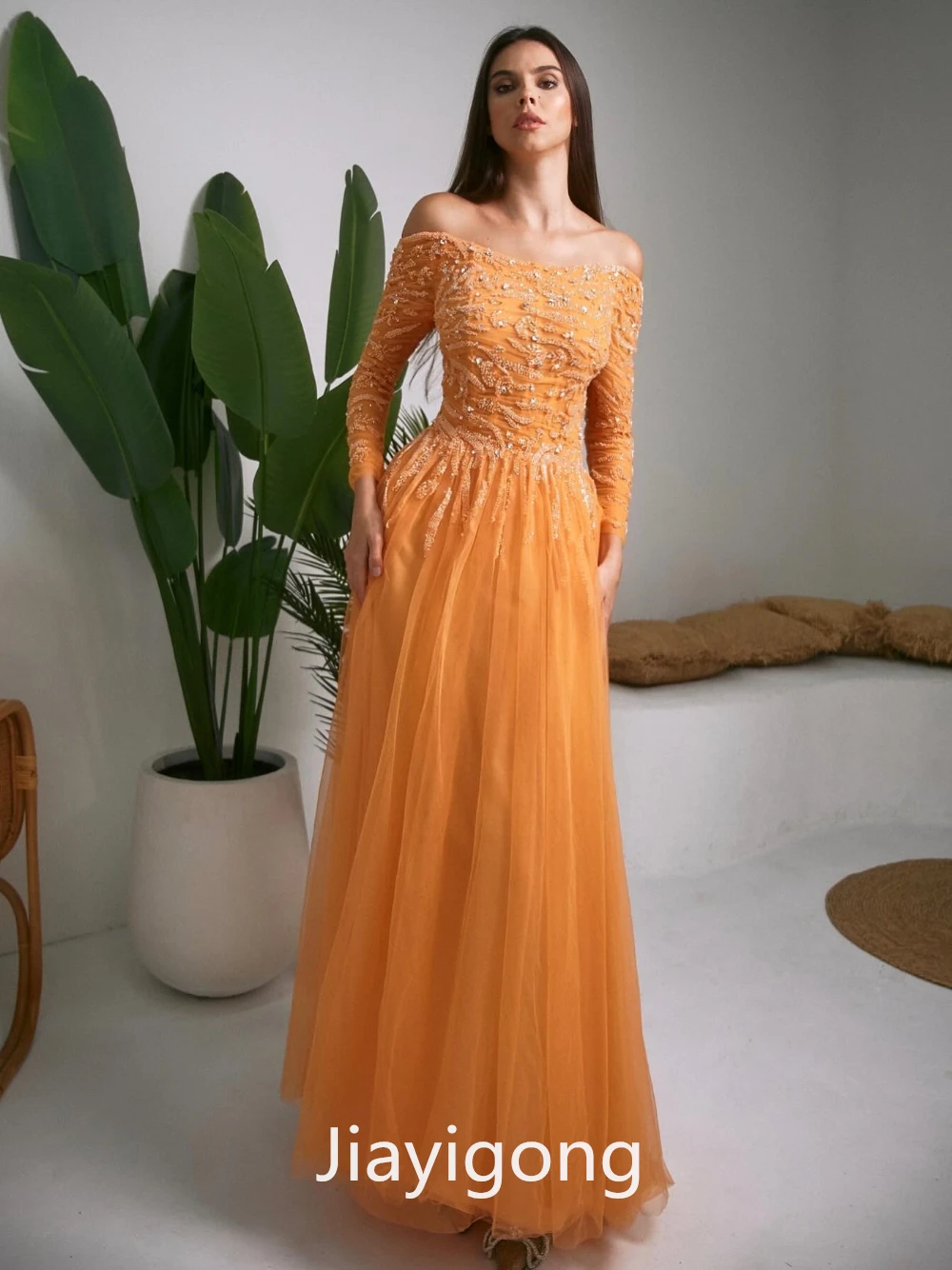 Jiayigong Simple Off-the-shoulder A-line Evening Dresses Paillette Shirred Organza Floor Length Custom Dress