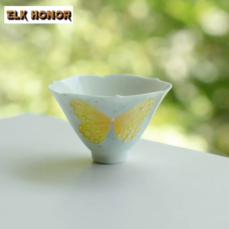 

75 мл чистая ручная нарисованная чашка с золотой бабочкой, эстетичная чайная чаша, бамбуковая шляпа, чашка для дегустации чая, чашка для медитации, мастер-чашки, чайная посуда