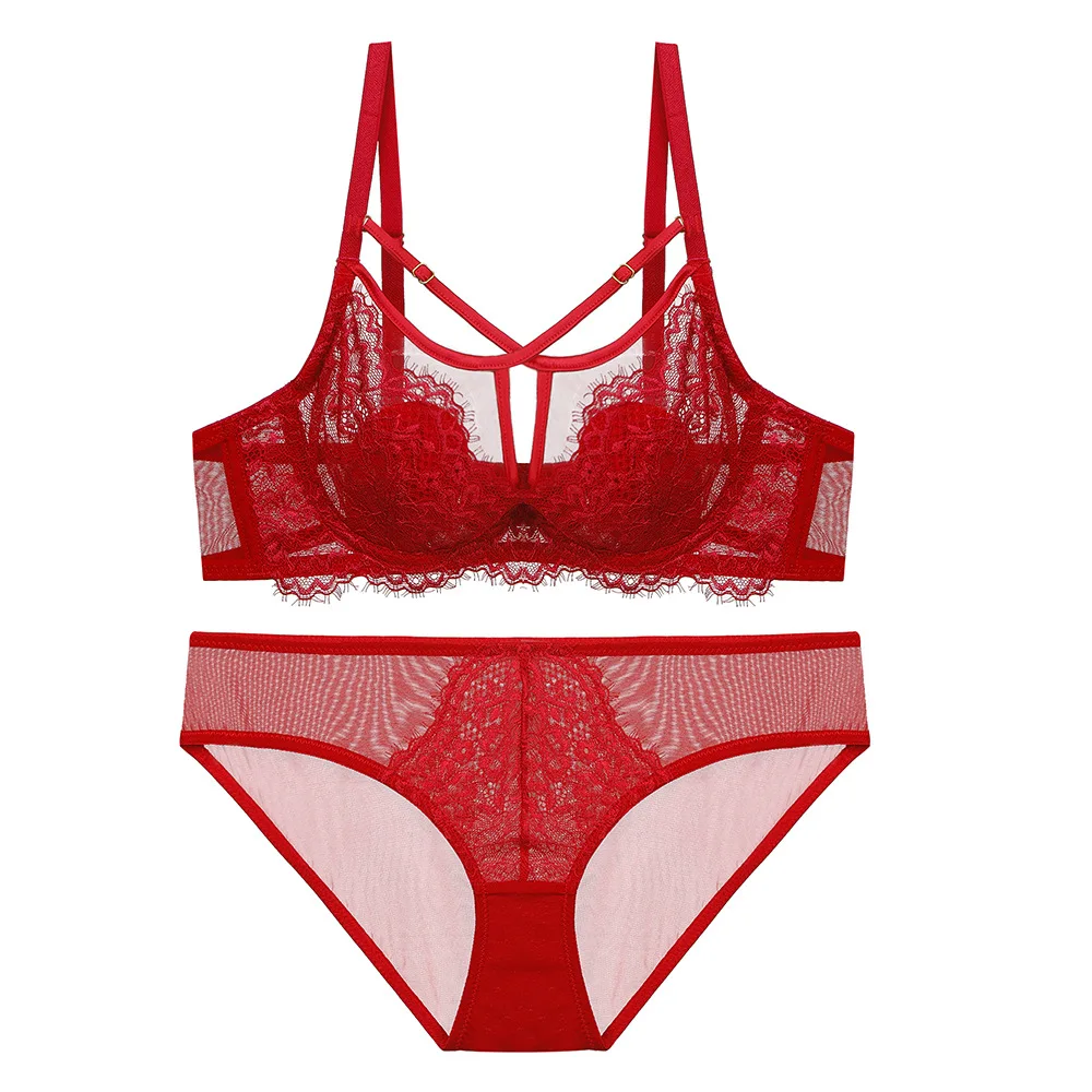 Sexy Eyelash Lace Bras and Panties Set French Style Ultra-Thin Large Size Bust Appears Small Plus Size Bra Sexy Lingerie Sets