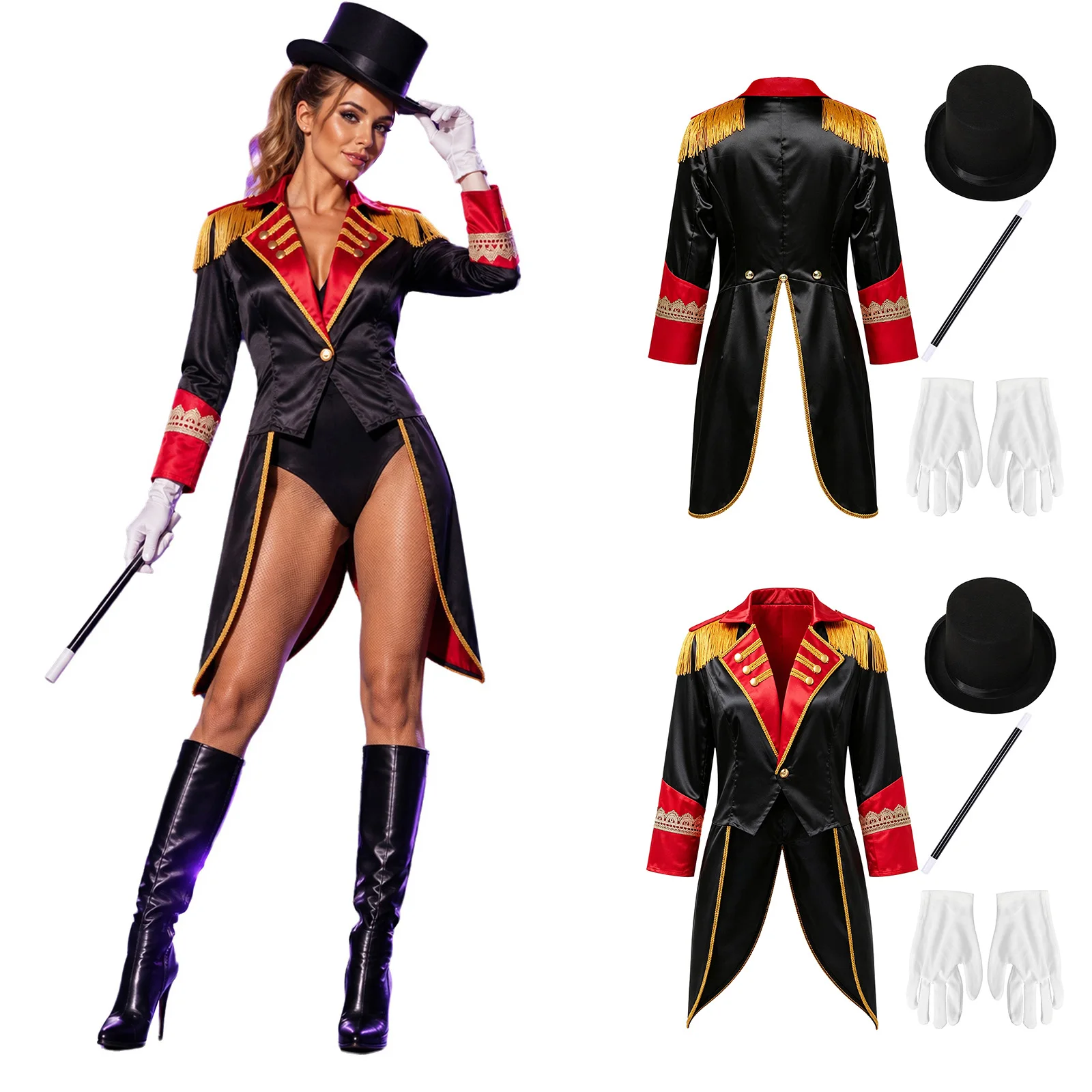 Women Circus Medieval Costume Tassel Shoulder Board Long Sleeve Velvet Tailcoat Jacket + Hat Wand And Gloves Ringmaster Costume
