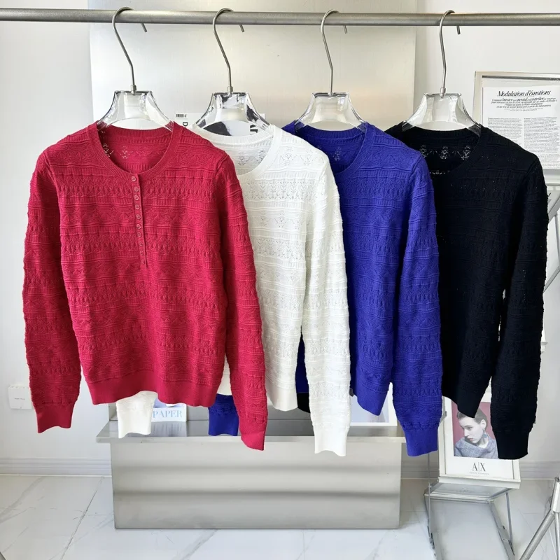 

Women New Autumn 2024 Hollow Jacquard Round Neck Half Open Collar Long-sleeved Crochet Sweater