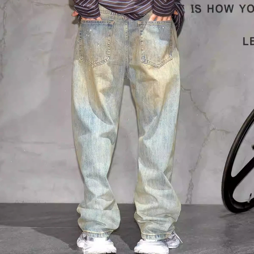Amerikaanse vintage noodlijdende verf dot jeans met rechte pijpen herenkleding streetwear baggy denim broek harajuku casual broek