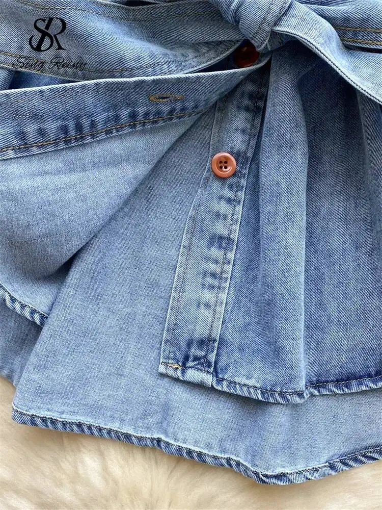 American Retro Denim Tops Women Stand Collar Lantern Sleeve Buttons Chic Blouse Autumn Streetwear Lace Up Slim Tops