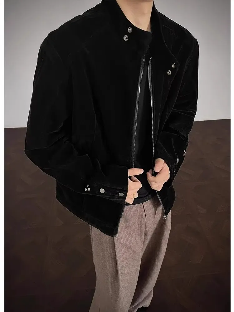 

Trendy American Casual ort Leather Jaet Men's Spring Autumn New Sle Haome Stand Collar Outerwear Polyester Fiber