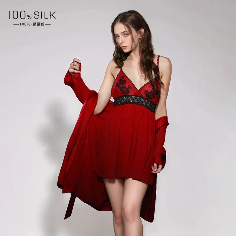 100% Mulberry Silk Sexy Lace Chemise with Robe 2Pcs Pajamas Set Kimono Slip Nightgown & Robe Gown Sleepwear Bathrobe Loungewear