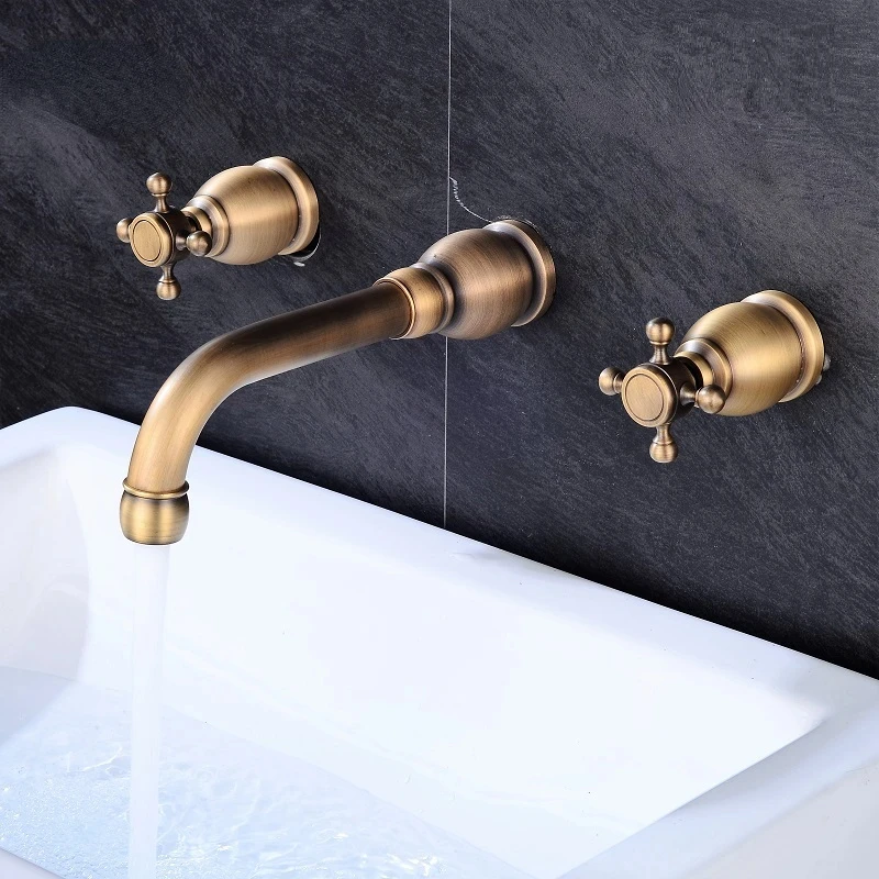 

Wall Basin Faucet Set Brass Dual Holder Three Hole Wall Mounted Bathroom Sink Faucet Hot and Cold Wall Tap