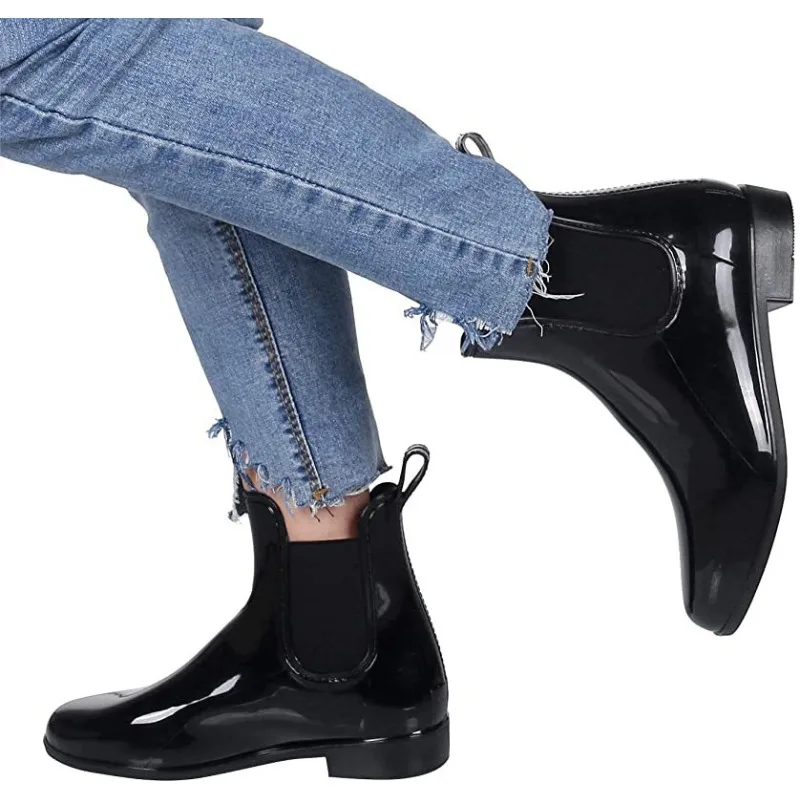 Women's Chelsea Low-tube Rain Boots Shiny Leather Rubber Shoes Waterproof Non-slip Low Heels Fashion Large Size Women Boots
