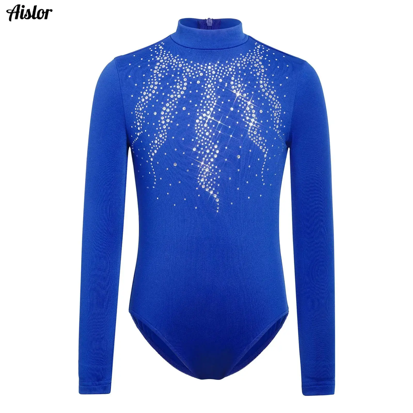 

Kids Girls Thin Fleece Lined Ballet Dance Gymnastics Leotard Long Sleeve Zipper Shiny Rhinestone Bodysuit for Figure Skating