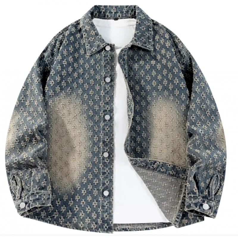 

Trendy Men's Denim Jacket New Versatile Light Luxury Korean Version Floral Embroidery Casual Shirt Youth Popular Autumn Wear