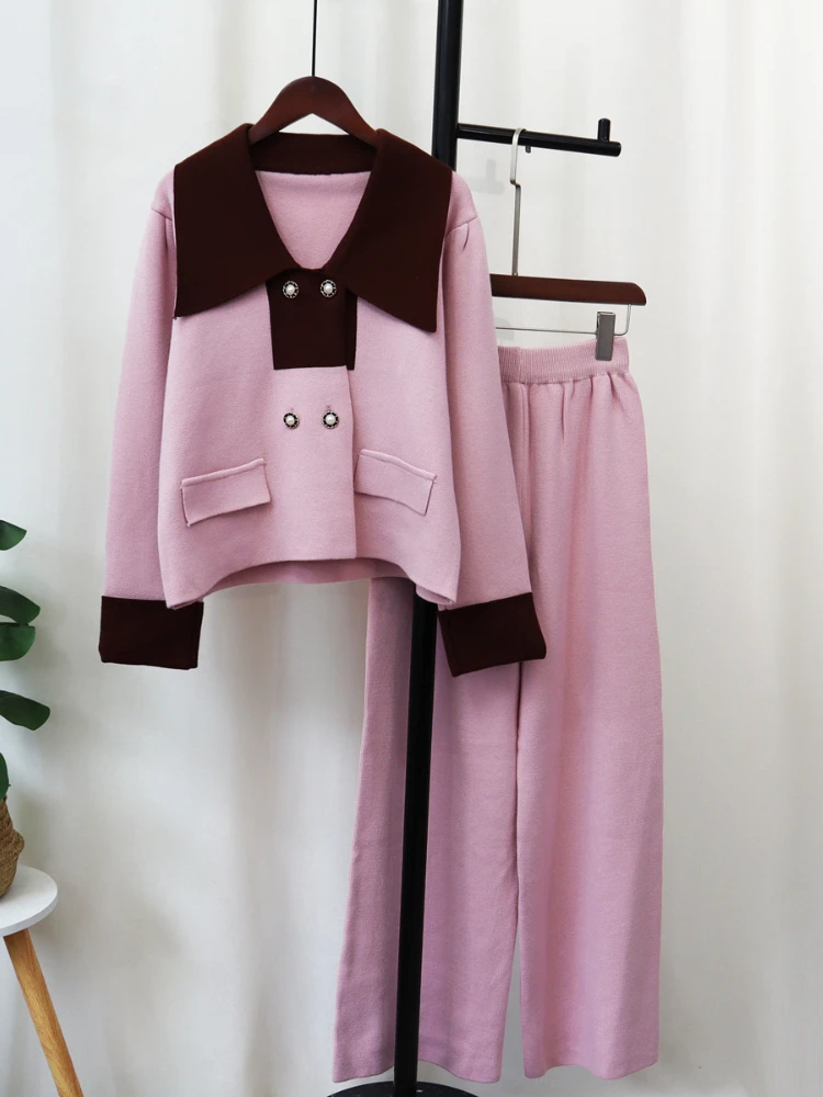 Fashion Elegant Knitted Suit Women 2023 Autumn Winter New Contrast Color Double-Breasted Cardigan+Wide Leg Pants Two-Piece Set