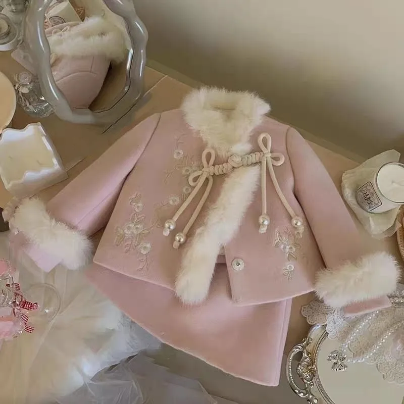 Girls' Woolen Set Autumn/Winter New Style Children's Chinese Warm Coat Half Skirt Two Piece Set