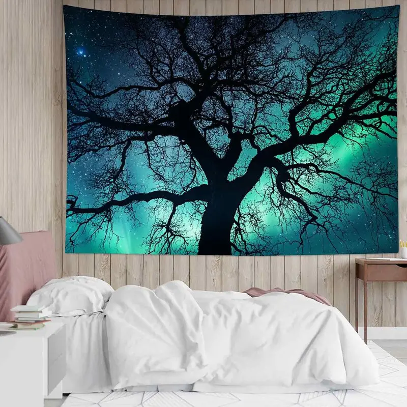 VIKAMA Aurora Borealis Tapestry Wall Hanging Bare Tree Silhouette Starry Sky Northern Lights Aesthetic Wall Art Dorm Decor