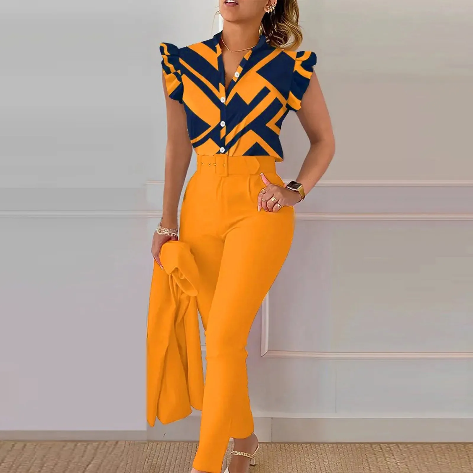 Elegant Women Three Piece Set Suits New Fashion Printed Ruffle Sleeve Top Solid Color Pants Set With Belt Blouses Female Outfits