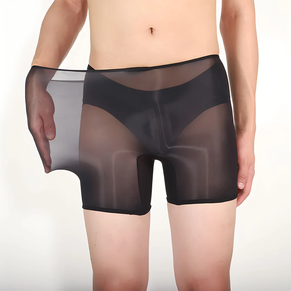 Men Solid Sexy Panties Oil Shiny Lingerie Stretch Shorts Sheer Underwear See Through Flats Gays Underpants