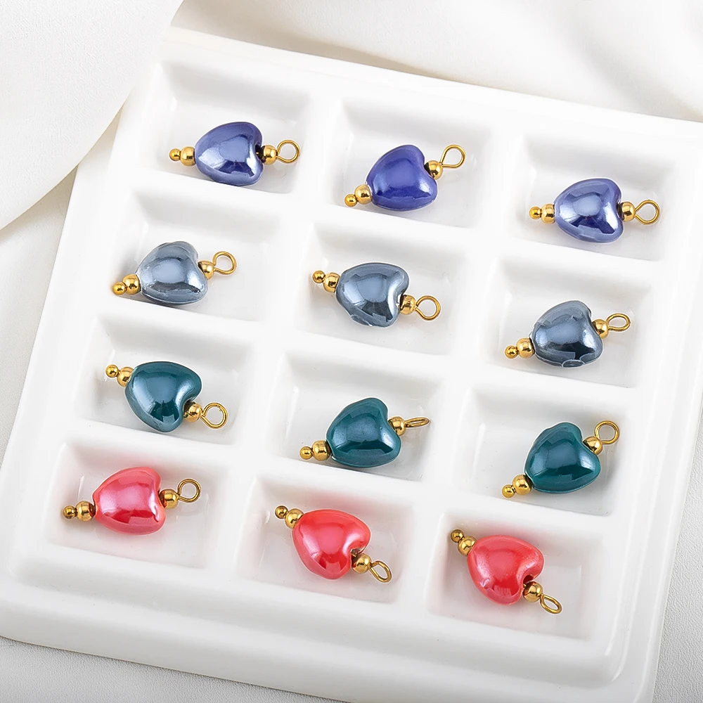 5Pcs Painted Ceramic Hoop Cylinder Bead Blue Flower Heart Pendant Stainless Steel Charm for Earring Jewelry Making Supplies view 4