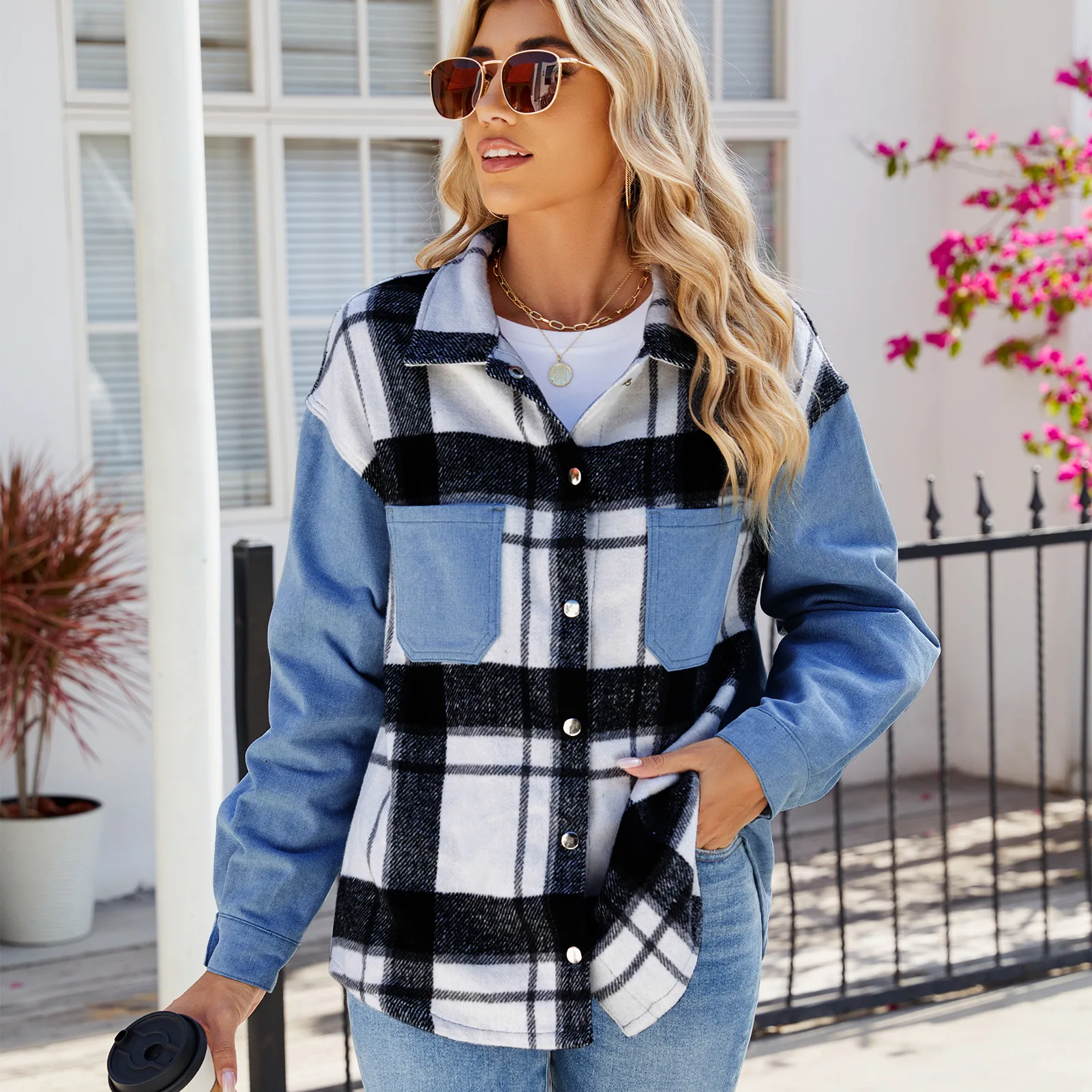 

Women's Trendy Washed Denim Jacket Black White Checkered Casual Long Sleeved Clothing