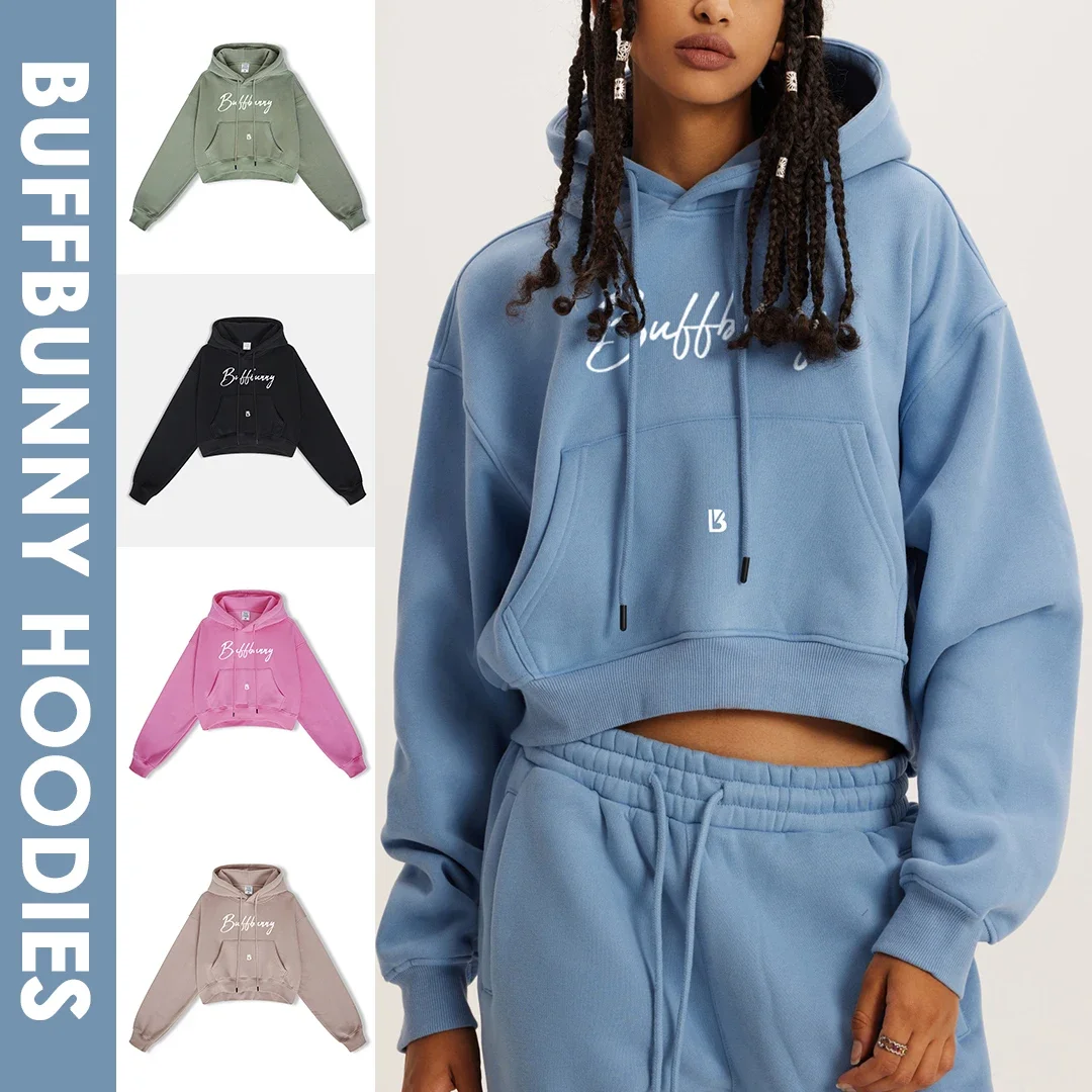 

Buffbunny Hoodies Women Winter Casual Wear New Style Drawstring Crop Hoodies Loose Sportwear Fleece Gym Fitness Yoga Sport Hoody