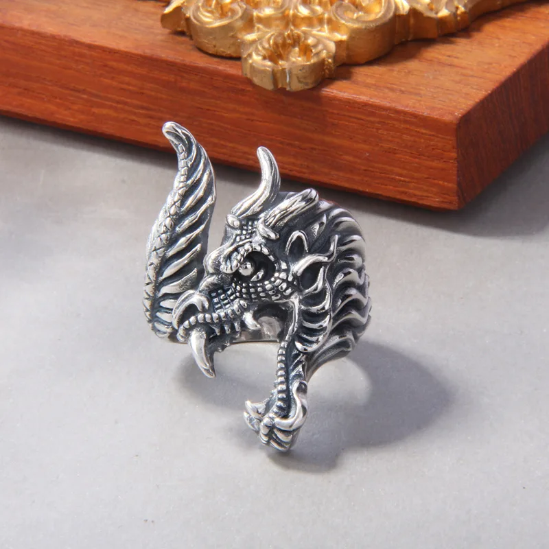 

S925 Sterling Silver Domineering Men's Tap Ring Retro Thai Silver Opening Fashion Ring Tide Personality Dragon Heir Ring