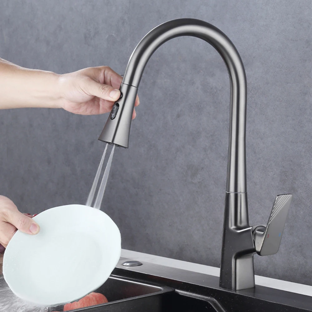 304 Stainless Steel Kitchen Basin Faucet and the Body treated with Aqueous Chromium Plating,3 Ways Water Out , Hose Pulling Down