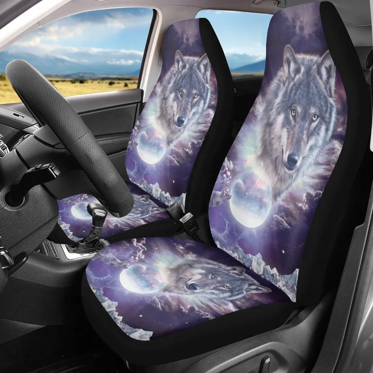 INSTANTARTS Cool 3D Wolf and Moonlight Print Vehicle Front Seat Covers Decor 2Pcs/Set Durable Car Seat Protector for SUV Sedan